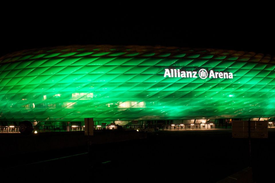 The Allianz Arena, home to Bayern Munich, illuminated in green as part of Tourism Irelands Global Greening initiative, to celebrate the island of Ireland and St Patrick.