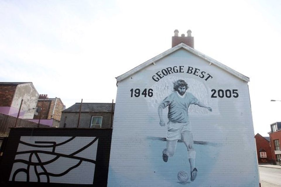 Belfast murals.  A George Best mural on the Woodstock Road in east Belfast.