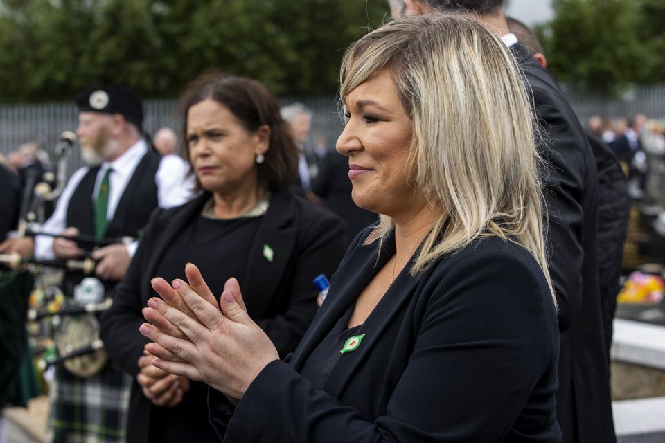 Sinn Fein leader Mary Lou McDonald (left) and then deputy first minister Michelle O’Neill during the funeral of senior Irish Republican and former leading IRA figure Bobby Storey at the Republican plot at Milltown Cemetery in west Belfast in June 2020 (Liam McBurney/PA)