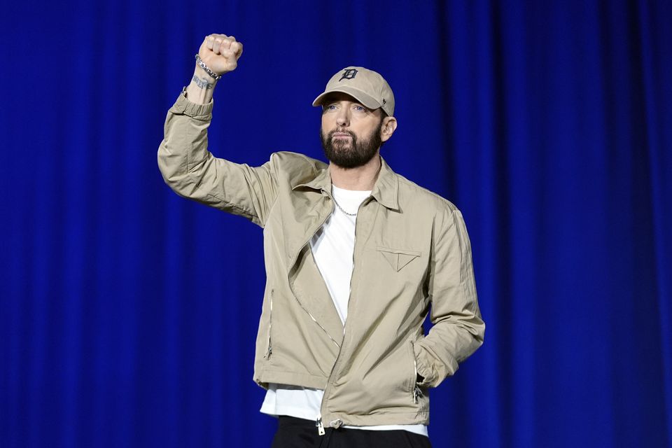 Rapper Eminem arrives to speak before former President Barack Obama at a campaign rally supporting Democratic presidential nominee Vice President Kamala Harris (Paul Sancya/AP)