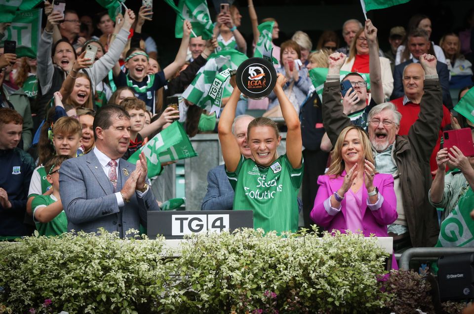 Fermanagh captain Shannan McQuade lifts the trophy following the Erne side's victory over Louth