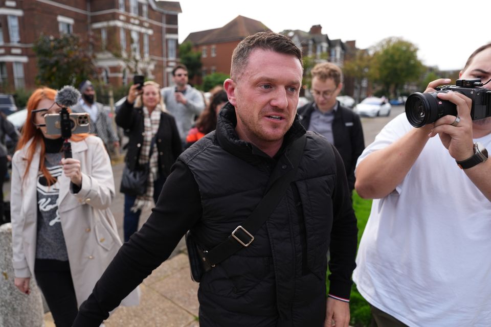 Tommy Robinson outside Folkestone Police Station (Jordan Pettitt/PA)