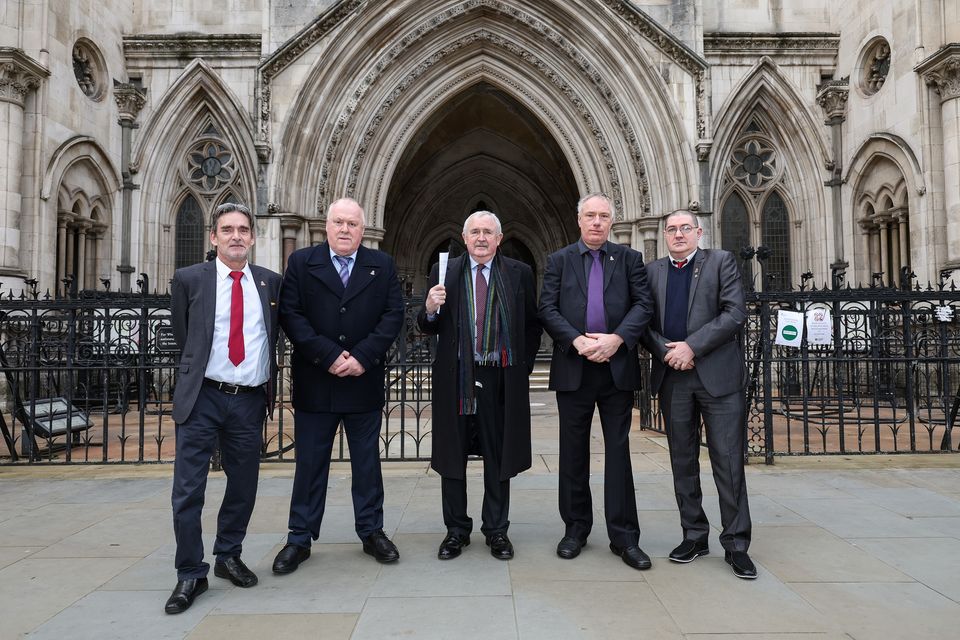 (Left to right) Gary Webster, Steve Nicholls, lawyer Des Collins, Richard Warwick and Ade Goodyear outside the High Court in London (Bell Yard Communications/PA)