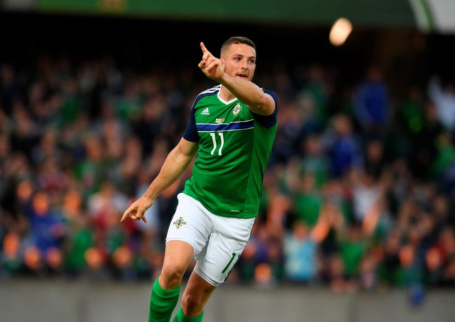 BELFAST, NORTHERN IRELAND - MAY 27: Conor Washington of Northern Ireland celebrates after scoring during the international friendly game between Northern Ireland and Belarus on May 26, 2016 in Belfast, Northern Ireland. (Photo by Charles McQuillan/Getty Images)