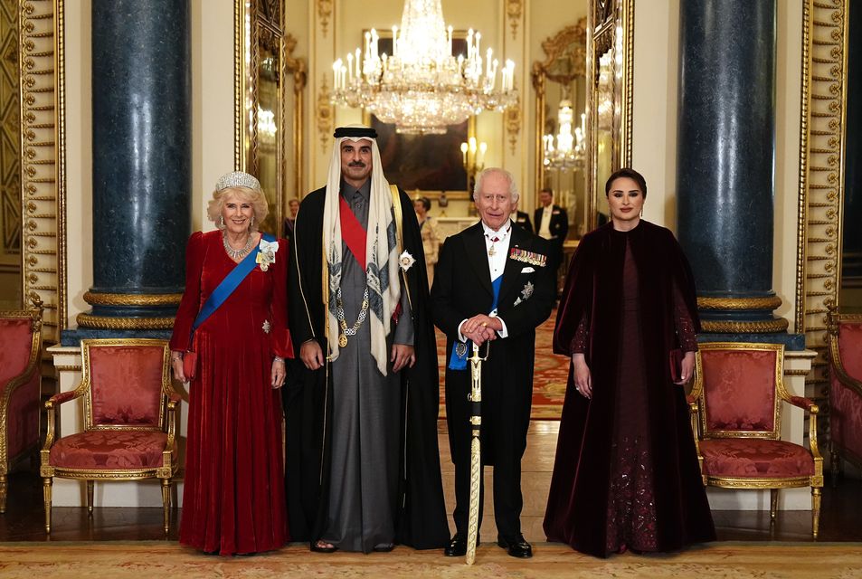 The King (second right) and Queen (left) with the Emir of Qatar Sheikh Tamim bin Hamad Al Thani and his wife Sheikha Jawaher ahead of the state banquet (Aaron Chown/PA)