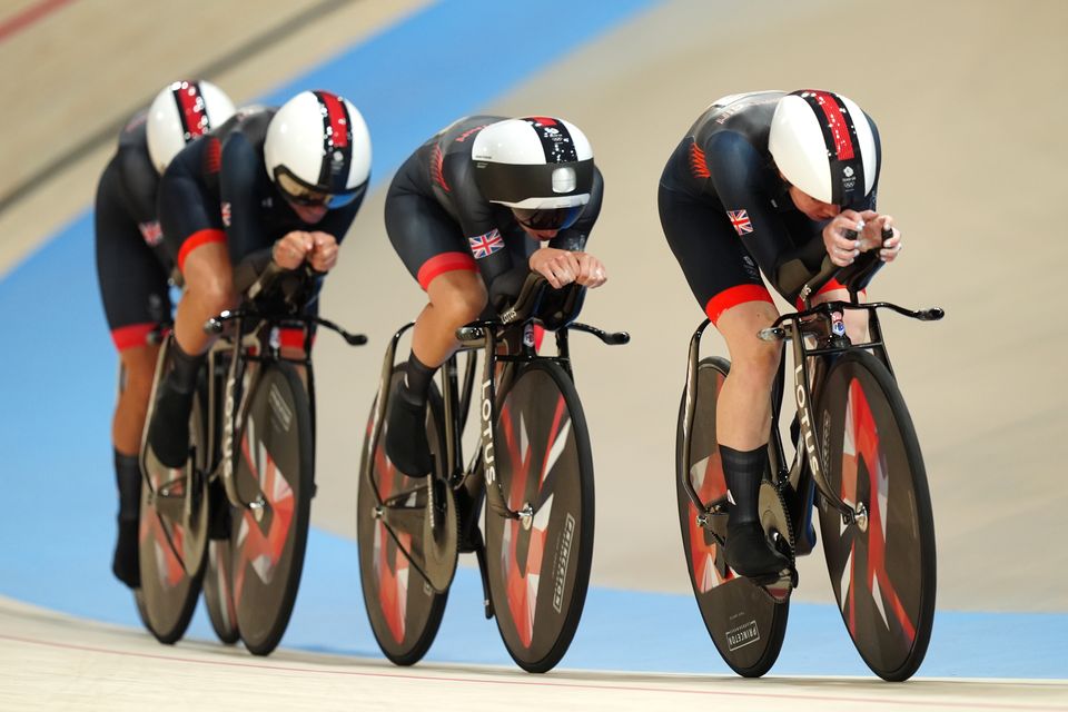 Elinor Barker, Josie Knight, Anna Morris and Jessica Roberts during the women’s team pursuit (David Davies/PA)