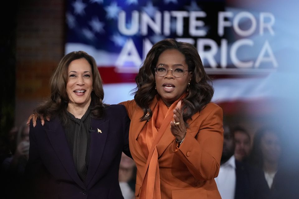 Democratic presidential nominee Vice President Kamala Harris joins Oprah Winfrey at Oprah’s Unite for America Live Streaming event (Paul Sancya/AP)