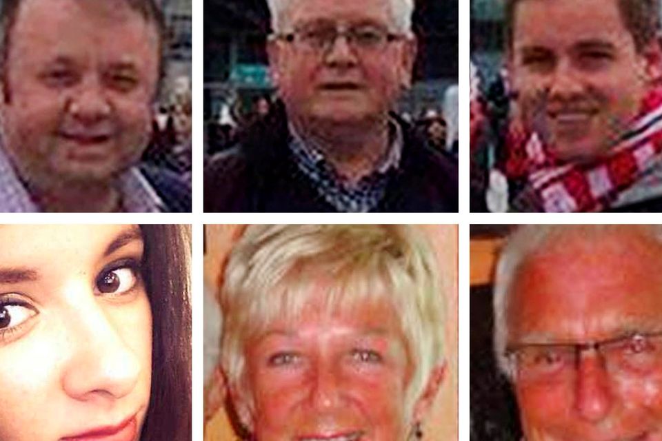 Composite of photograph of six of the British victims of the Tunisia beach massacre who are being returned to the UK. Top row from left,  Adrian Evans, Patrick Evans and Joel Richards. Bottom row from left,  Carly Lovett, Elaine and Denis Thwaites