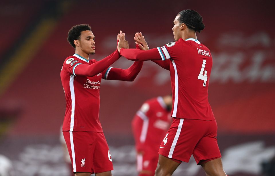 Virgil van Dijk, right, does not believe transfer speculation over Trent Alexander-Arnold played a part in Liverpool’s 2-2 draw with Manchester United (Laurence Griffiths/PA)