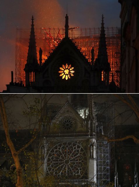 Flames and smoke rise from Notre Dame cathedral as it burns in April 2019, top, and a view of the cathedral following restoration works in December 2024 (Thibault Camus/AP)