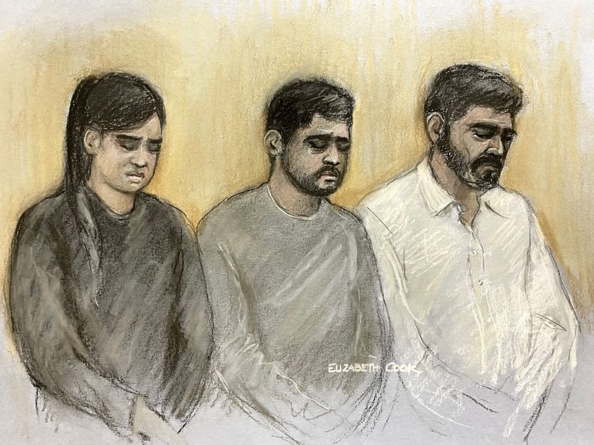 Beinash Batool, Faisal Malik and Urfan Sharif appearing for sentencing at the Old Bailey (Elizabeth Cook/PA)