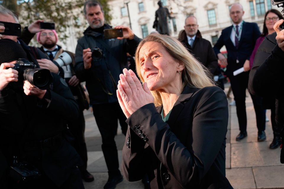 Kim Leadbeater joins supporters in Parliament Square in London after hearing the result of the vote in Parliament for her Terminally Ill Adults (End of Life) Bill. Pic: Stefan Rousseau/PA Wire