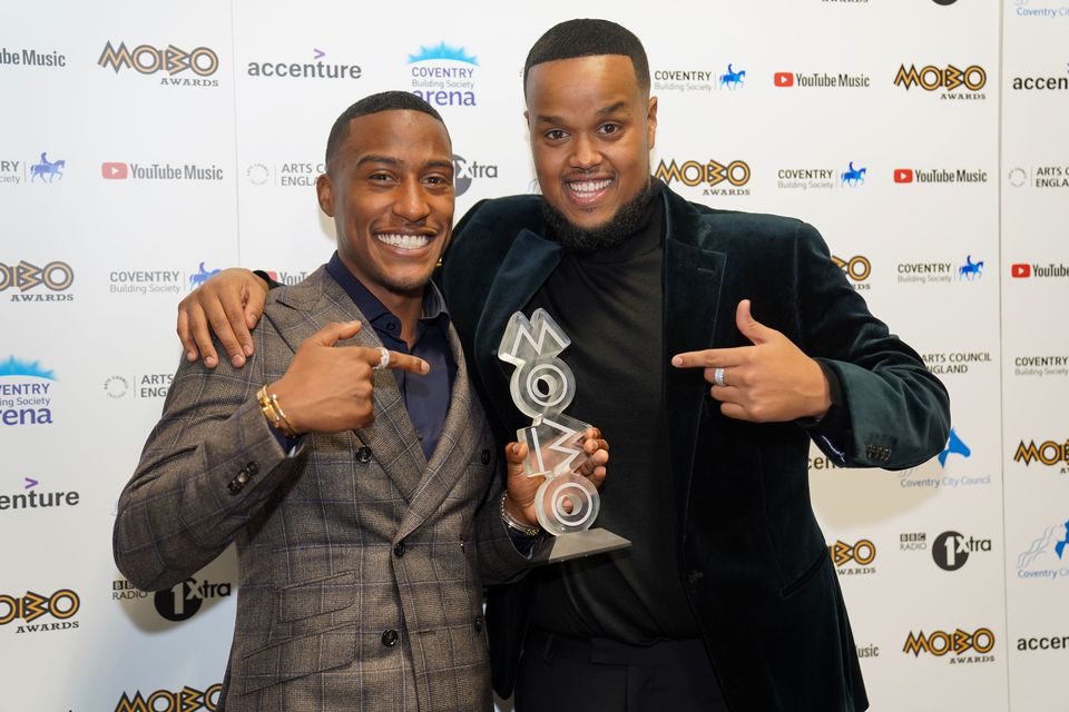 Yung Filly and Chunkz after winning Best Media Personality at the Mobo Awards in 2021 (Jacob King/PA)