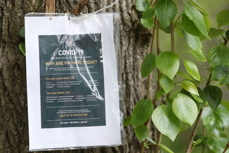 A Covid-19 sign in Belfast's Botanic Gardens. Photograph by Declan Roughan