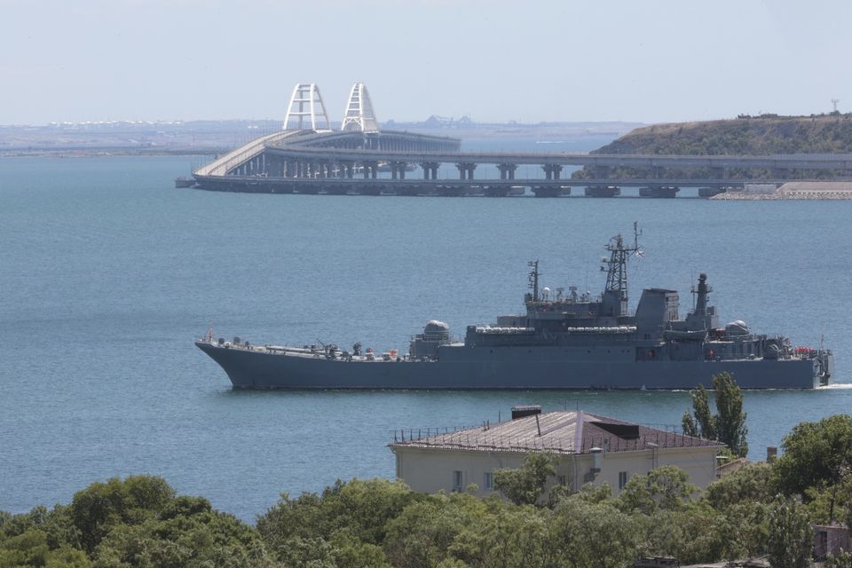 A Russian military landing ship sailing not far from Kerch, Crimea, last month (AP)