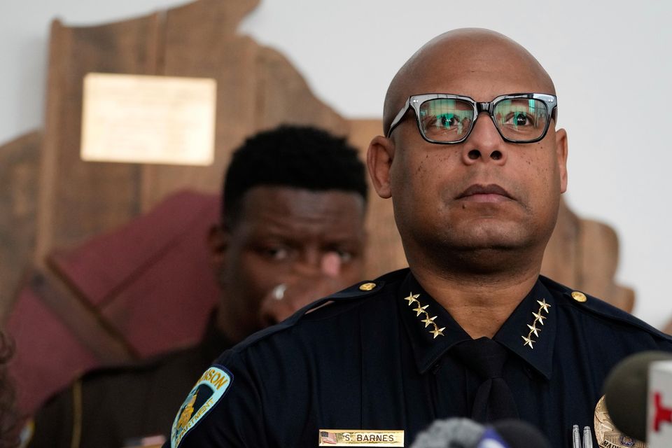 Madison police chief Shon Barnes speaks to the media (Nam Y Huh/AP)