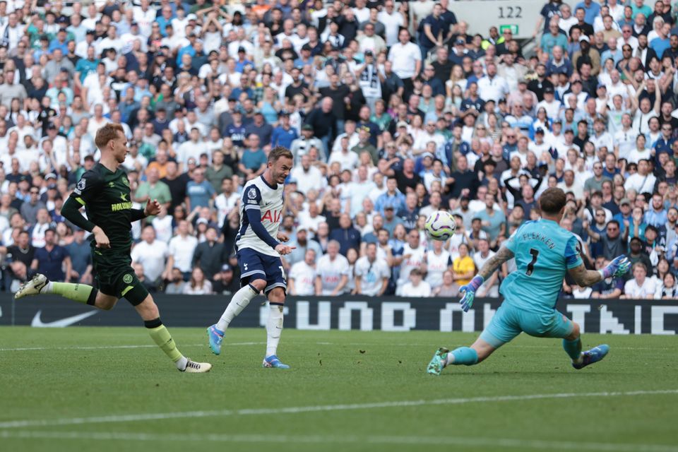 James Maddison, centre, scores for Tottenham (Steven Paston/PA)