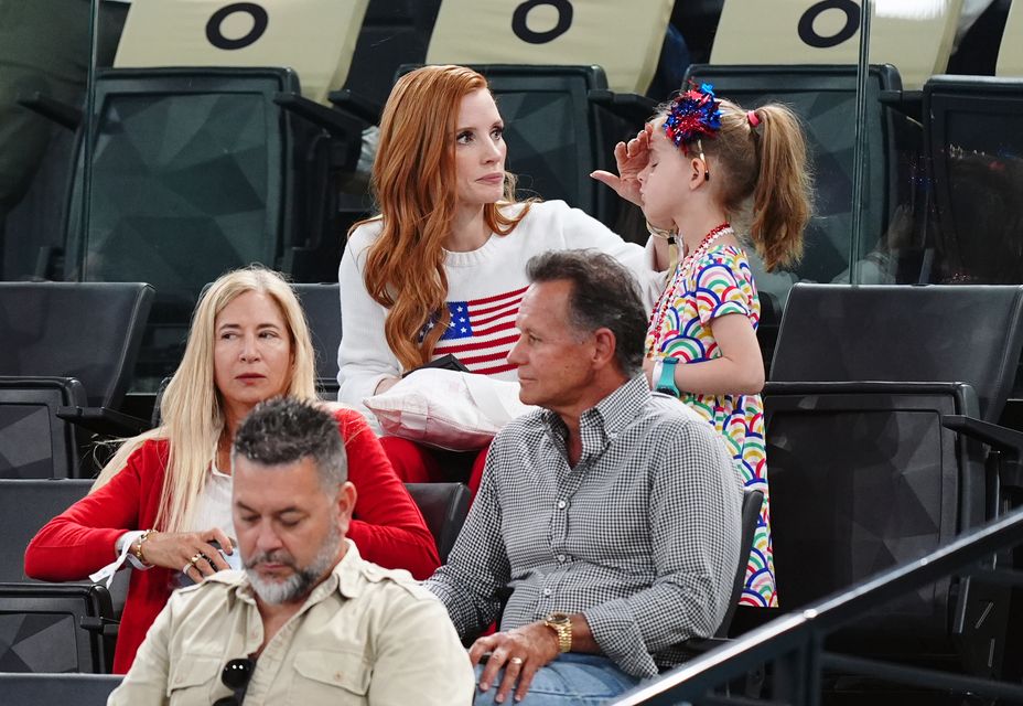 Jessica Chastain watching the artistic gymnastics at the Bercy Arena (Mike Egerton/PA)