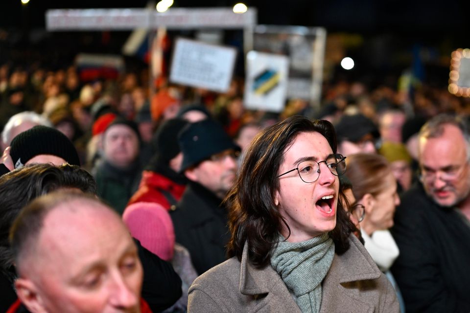 A protester shouts as thousands gather to oppose the policies of Slovakia’s Prime Minister Robert Fico in Bratislava, Slovakia (Denes Erdos/AP)