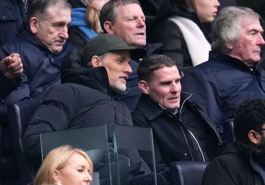 England manager Thomas Tuchel (left) and his assistant Anthony Barry (right) in the stands at Tottenham (PA)