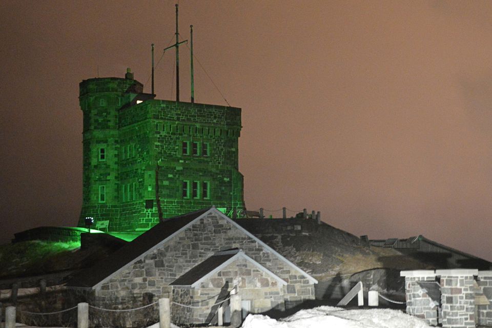 Cabot Tower on Signal Hill, St Johns, Newfoundland and Labrador (Canada), joins Tourism Irelands Global Greening, to celebrate the island of Ireland and St Patrick.