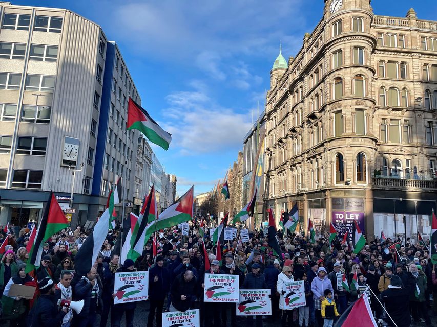 People take part in a pro-Palestine march and rally at Belfast City Hall (David Young/PA)