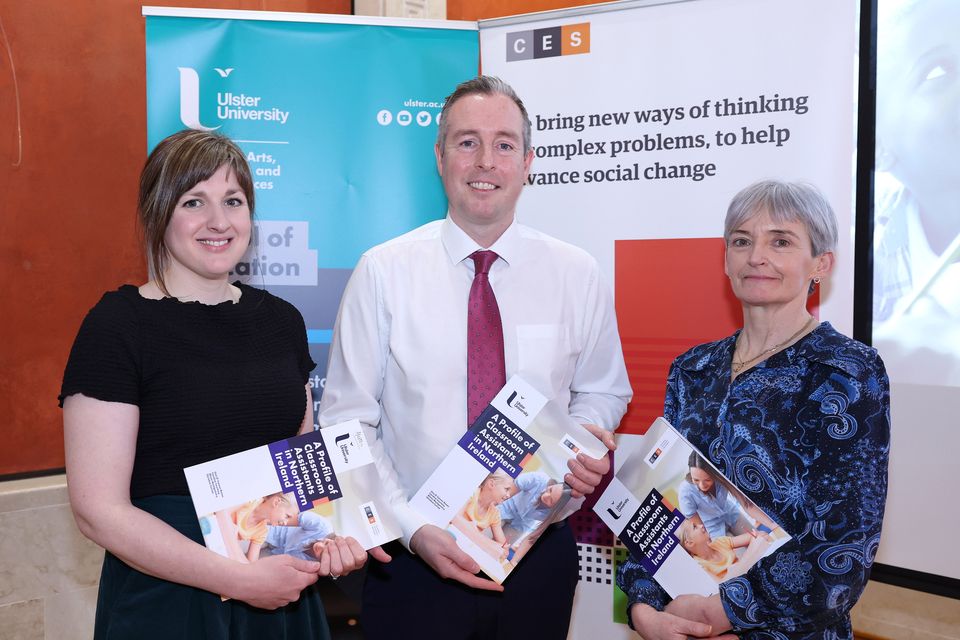 Two of the report authors, Caroline Courtney (left) and Una O’Connor Bones, with Education Minister Paul Givan (Photograph by Declan Roughan / Press Eye)