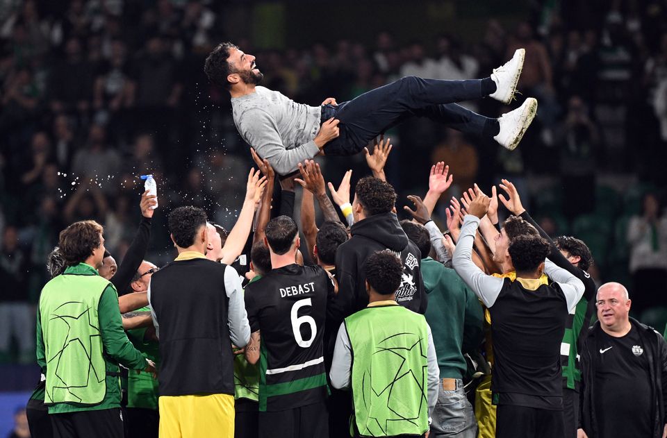 Ruben Amorim and Sporting Lisbon celebrate their win over Manchester City (Zed Jameson/PA)