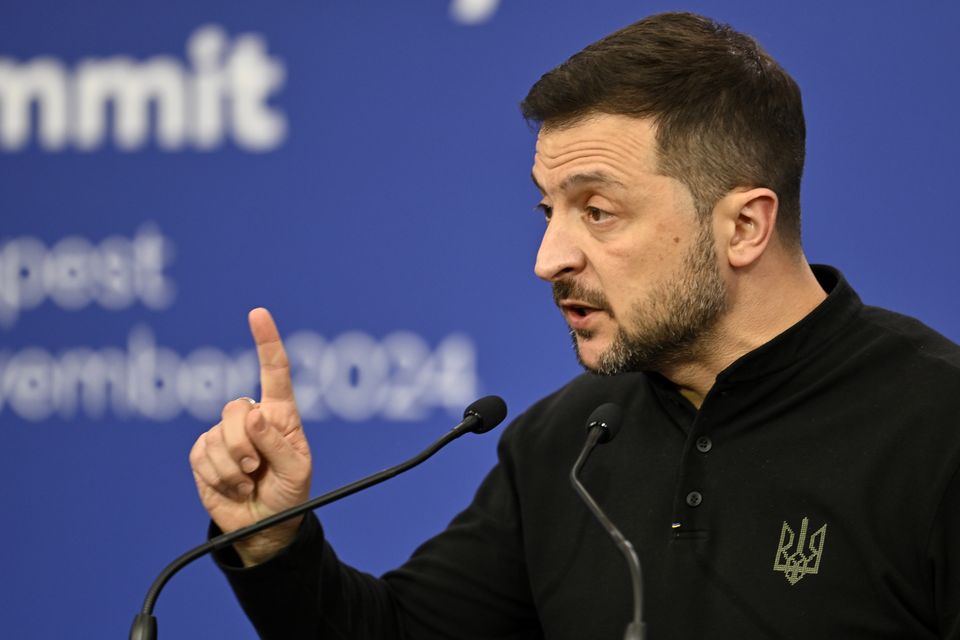 Ukraine’s President Volodymyr Zelensky speaks during a press conference during the European Political Community (EPC) Summit (Denes Erdos/AP)