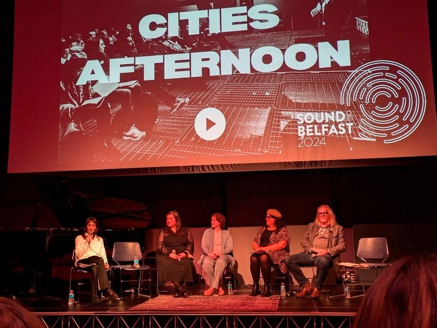 Speaking at the event were (from left) chair Holly Lester, journalist Amanda Ferguson, Finola Dornan, superintendent of local policing in south Belfast, Amy Lamé, former night czar of London, and Michael Stewart, Belfast Night Czar