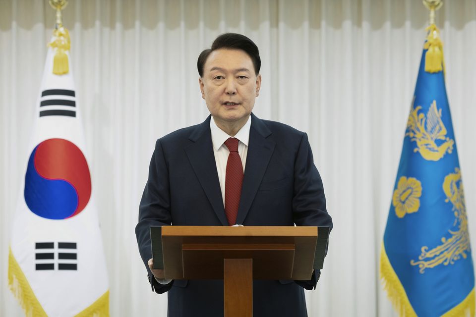 Yoon Suk Yeol speaks at the presidential residence in Seoul, South Korea (South Korean Presidential Office/AP)