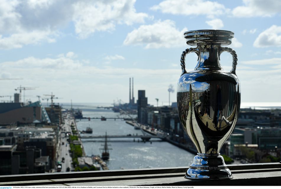 The Henri Delaunay Trophy is pictured at Liberty Hall in Dublin