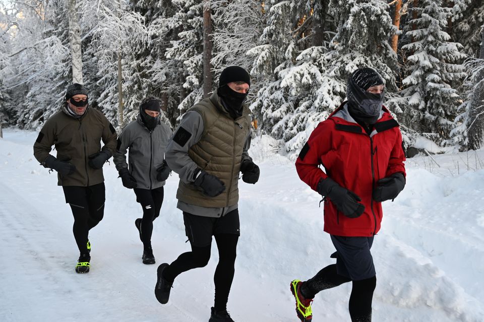 Jason Fox, Aldo Kane, Brian Wood and Karl Hinett training in northern Sweden (Tony Parker/ SSAFA/PA)