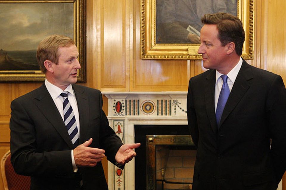 Irish Taoiseach  Enda Kenny pictured with Britain's Prime Minister David Cameron at Government buildings where the two held talks prior to attending the state dinner in honour of Queen Elizabeth II