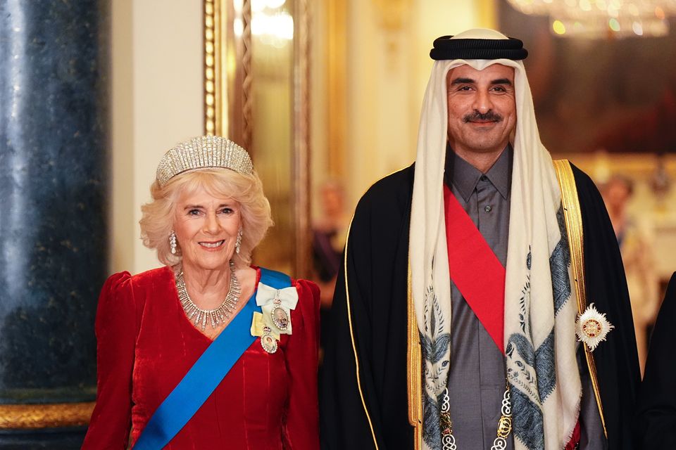 Queen Camilla with the Emir of Qatar Sheikh Tamim bin Hamad Al Thani ahead of a state banquet at Buckingham Palace (Aaron Chown/PA)