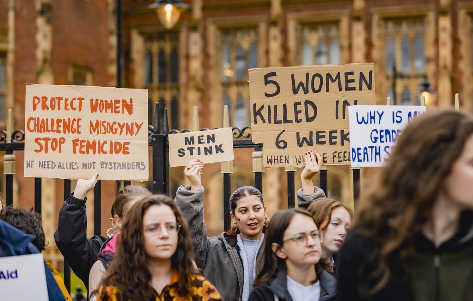 A protest against gender based violence takes place outside Queens University in Belfast on October 16th 2024 (Photo by Kevin Scott)