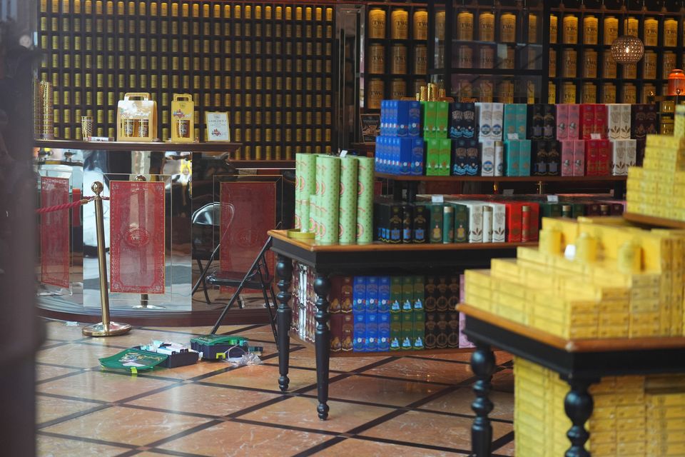 Discarded clothing and emergency medical equipment in the TWG Tea shop following the incident in Leicester Square (James Manning/PA)