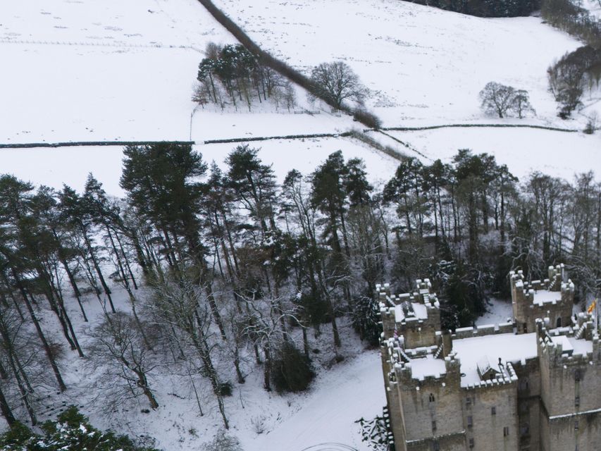 Snow surrounds the Langley Castle Hotel in Langley, Hexham, Northumberland (Owen Humphreys/PA)