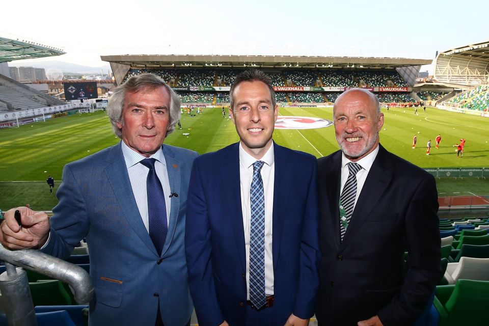 Press Eye - Belfast -  Northern Ireland - 27th May 2016 - Photo by William Cherry

Sports Minister Paul Givan MLA pictured at the National Stadium, Windsor Park with Northern Ireland Legends Pat Jennings and Sammy McIlroy. The Minister wished the Northern Ireland team every success as they continue their preparations for the European Championship Finals in France.