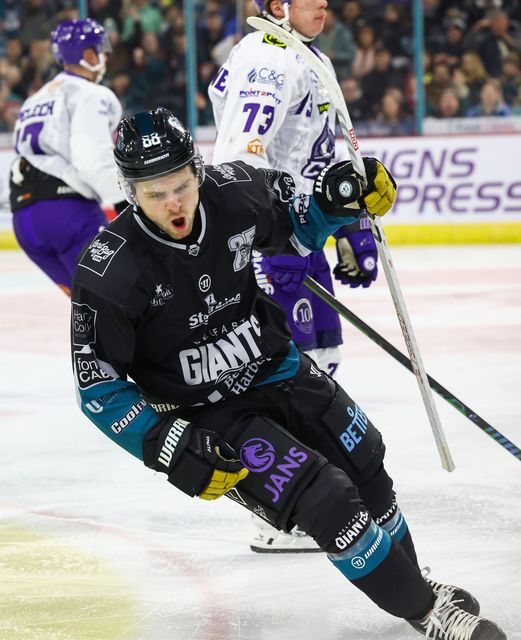 The Belfast Giants’ Grant Mismash celebrates scoring his second goal against the Glasgow Clan