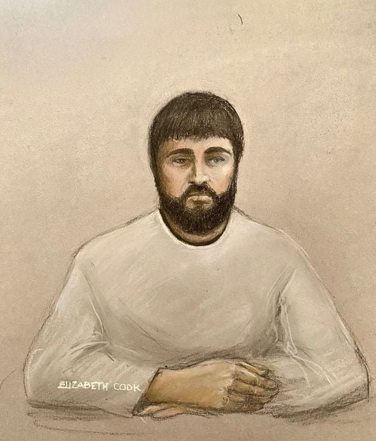 A court artist sketch of Kyle Clifford appearing via videolink at Westminster Magistrates’ Court, London (Elizabeth Cook/PA)