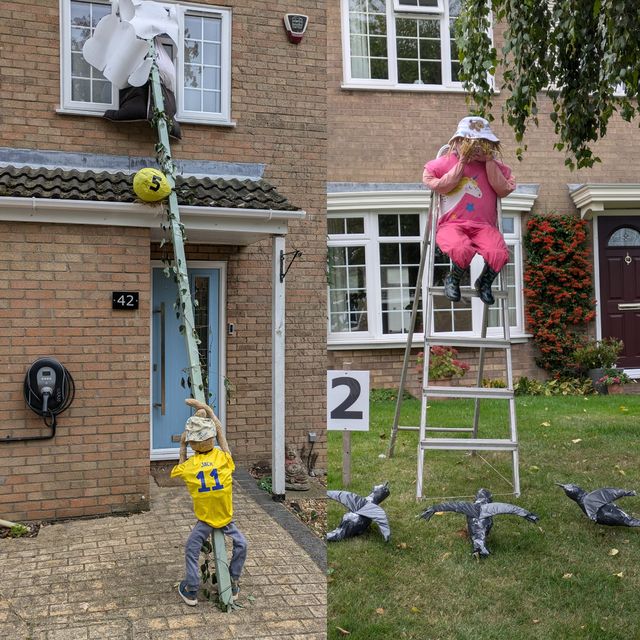 (from left to right) ‘Jack and the Beanstalk’ scarecrow and ‘Scared of Crows’ scarecrow (Great Paxton Scarecrow Festival/PA)