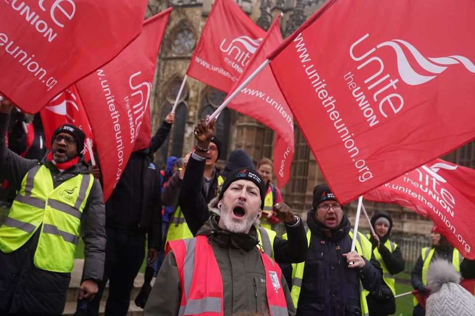 Workers from Tata’s Port Talbot steelworks gather at College Green in Westminster after the announcement that the firm was to close blast furnaces at the country’s biggest steel plant (Lucy North/PA)