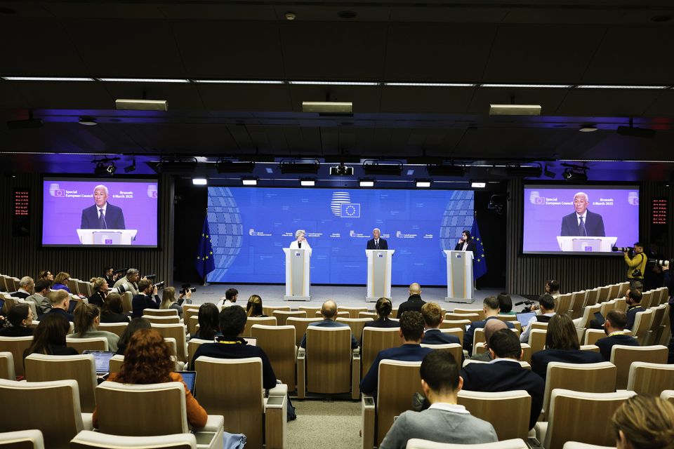 European Commission President Ursula von der Leyen, left, and European Council President Antonio Costa, centre, address a media conference after the talks (Omar Havana/AP)