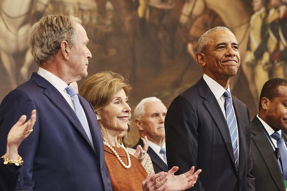 Former president George W Bush, former first lady Laura Bush and former president Barack Obama (Chip Somodevilla/Pool Photo via AP)