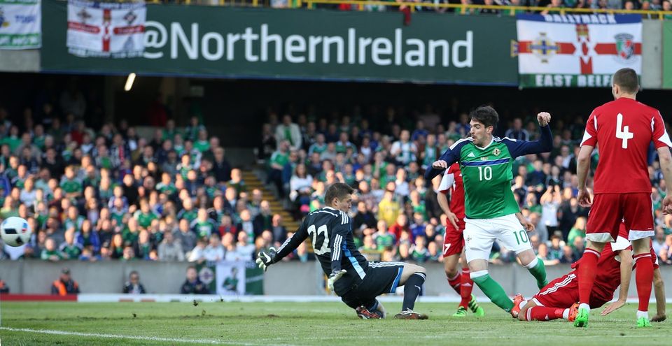 @Press Eye Ltd Northern Ireland- 27th May 2016
Mandatory Credit -Brian Little/Presseye

Northern Ireland  Kyle Lafferty scores a goal past  Belarus  goal keeper Andrei Harbunov    during Friday night's Vauxhall Friendly International match  at the National Football Stadium at Windsor Park.
Picture by Brian Little/Presseye
