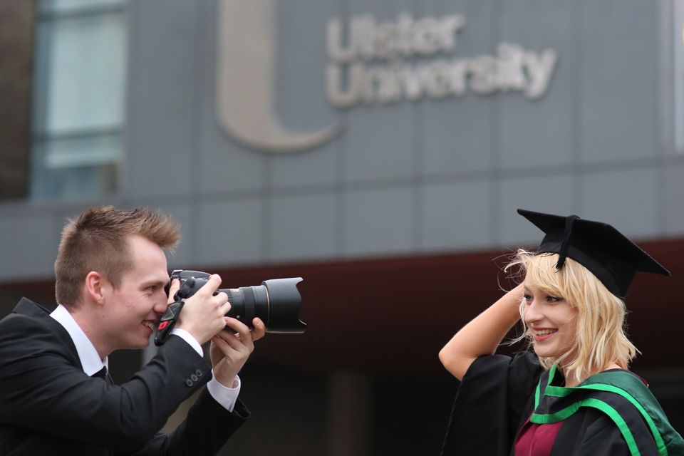 Nena Girvin celebrates her Degree in Geography with education with a picture with Alexander Morris at the Ulster University Winter Graduations at the Universitys Coleraine campus. Picture John Murphy Aurora PA