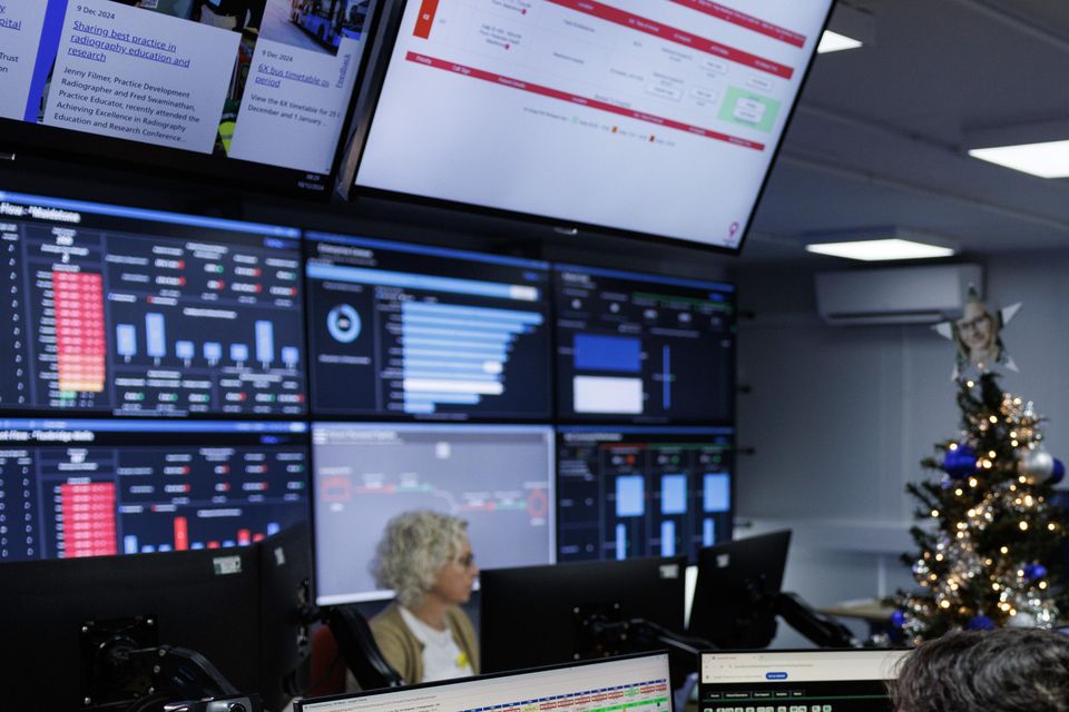 Ms Reeves and Chief Secretary to the Treasury Darren Jones spoke with staff in a control centre during their visit to Maidstone Hospital (Dan Kitwood/PA)