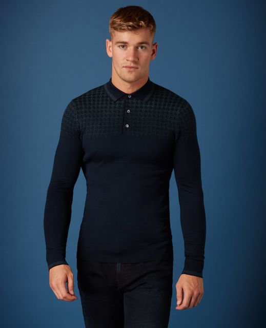 Navy slim fit fine gauge merino wool-blend long sleeve knitted polo shirt with gradual houndstooth jacquard, £79.95