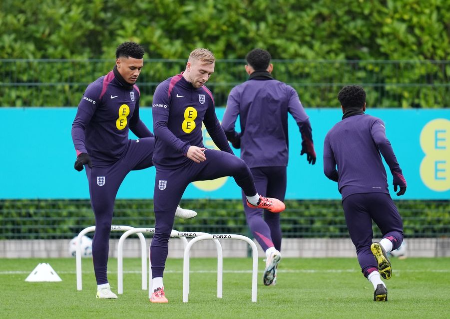 England’s Ollie Watkins and Jarrod Bowen during a training session (John Walton/PA)